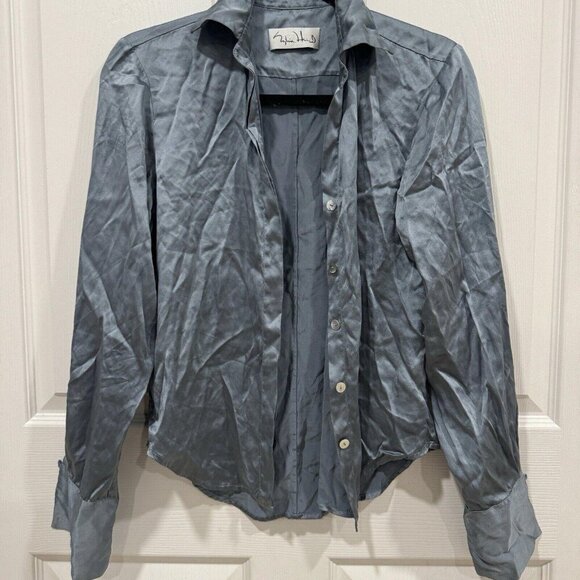 Sylvia Heisel Womens 100% Silk Blouse Size 4 Blue Button-Up  Sleeve - Picture 2 of 9